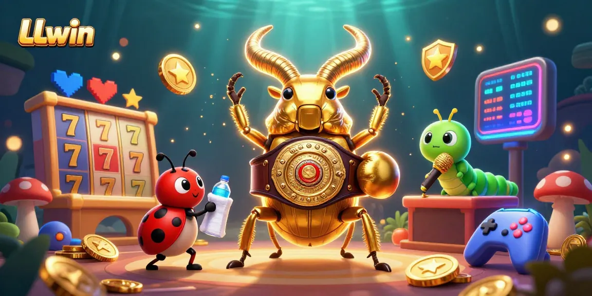 Experience thrilling gameplay at LLwin with a giant beetle champion in a vibrant casino scene.