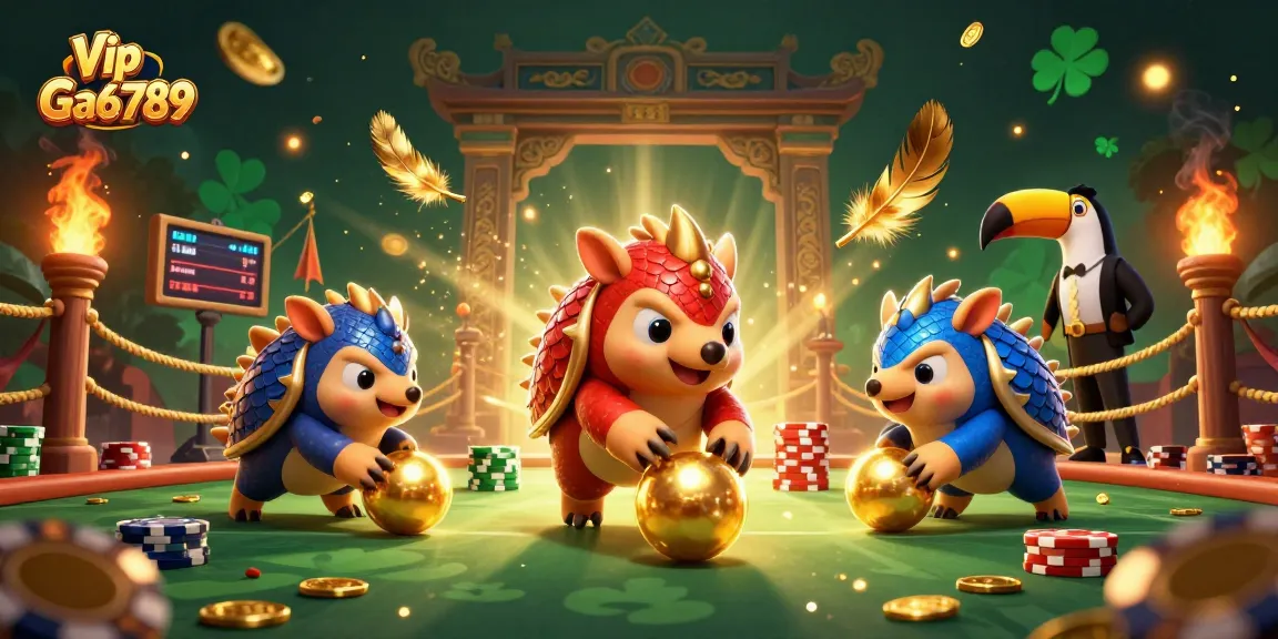 Engage in thrilling action at Vip Ga6789 with competitive pangolin characters rolling through poker chips in a vibrant arena.