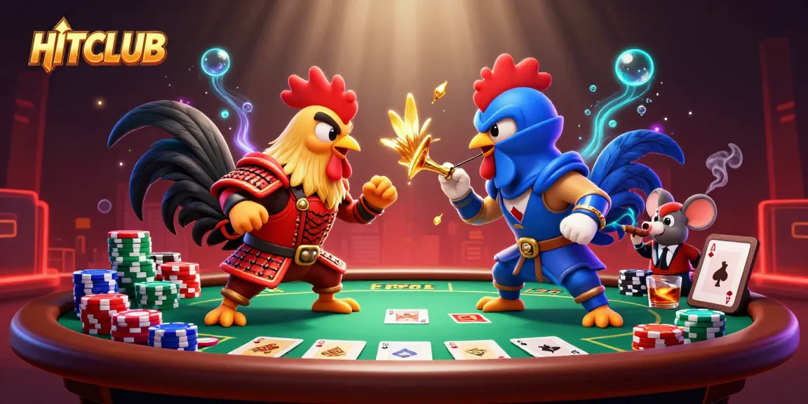 Witness the thrilling showdown of HITCLUB's samurai and ninja roosters amid a dynamic poker scene.