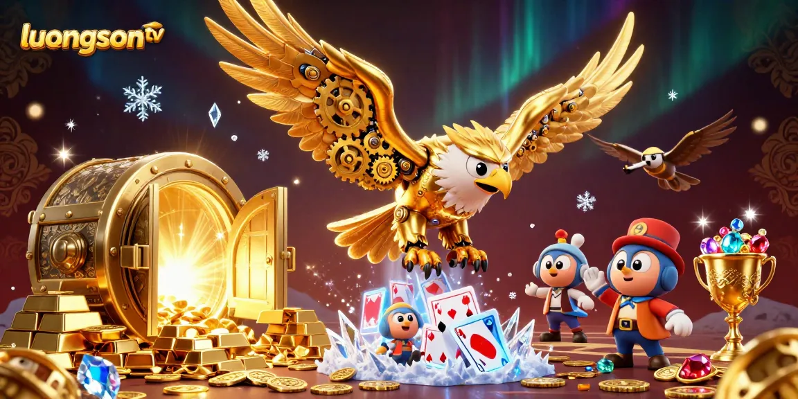 Experience thrilling gameplay and vibrant visuals with luongson tv, showcasing a cybernetic eagle amid dazzling treasures.