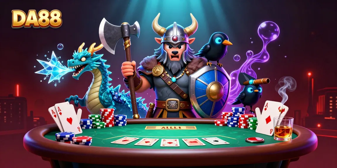 Experience DA88 action with a Viking wolf warrior and dragon in a vibrant casino scene.