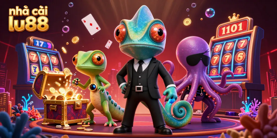 Experience the excitement of nhà cái lu88 with vibrant casino action featuring a chameleon, gecko, and octopus.