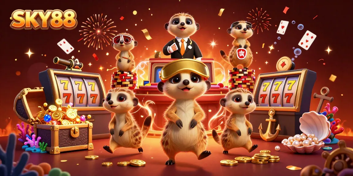 Experience thrilling gameplay with SKY88 while meerkats manage an exciting casino scene.