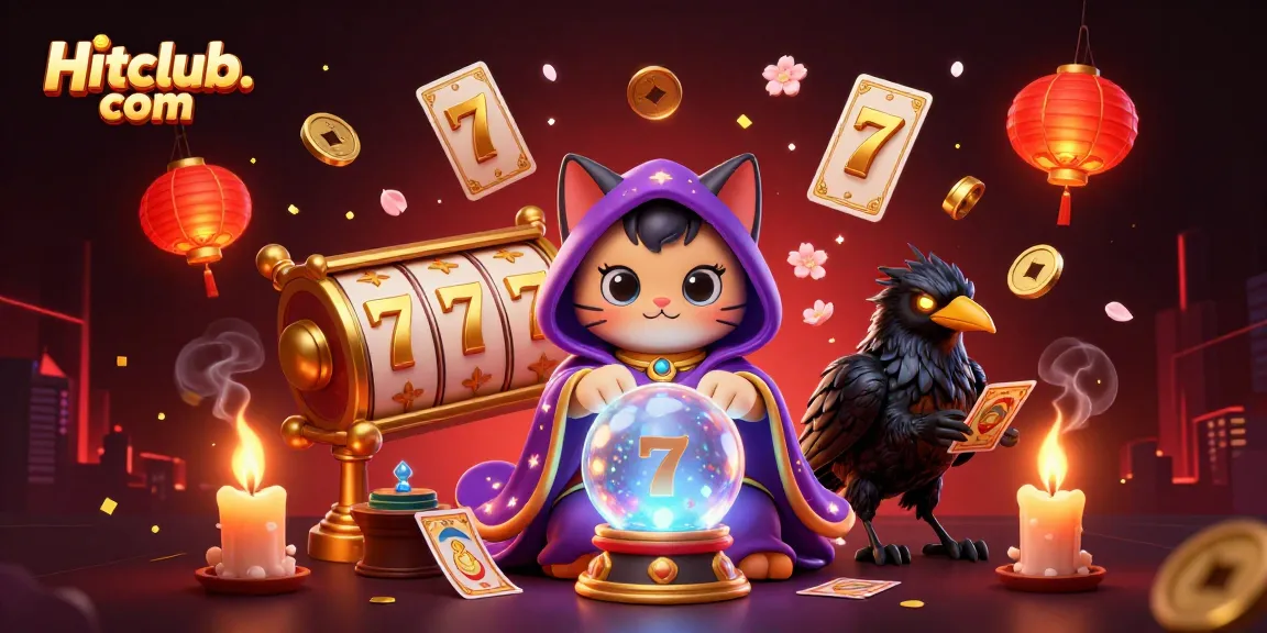 Spin the reels at Hitclub. com with a glimmering scene of fortune-telling characters surrounded by casino elements.