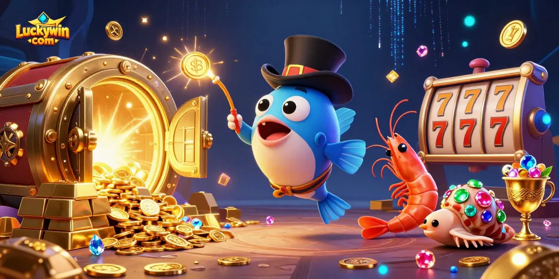 Engage in gaming excitement at Luckywin com with dynamic casino elements and treasure-themed characters.