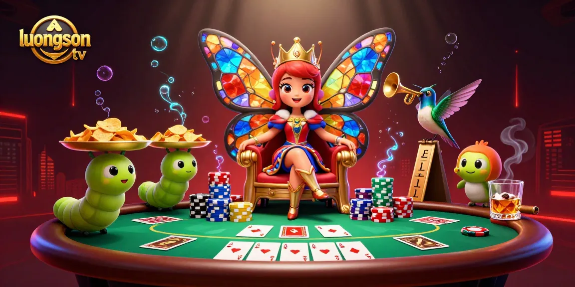 Experience thrilling action with luongson tv's vibrant 3D cartoon illustration of a butterfly queen and poker excitement.