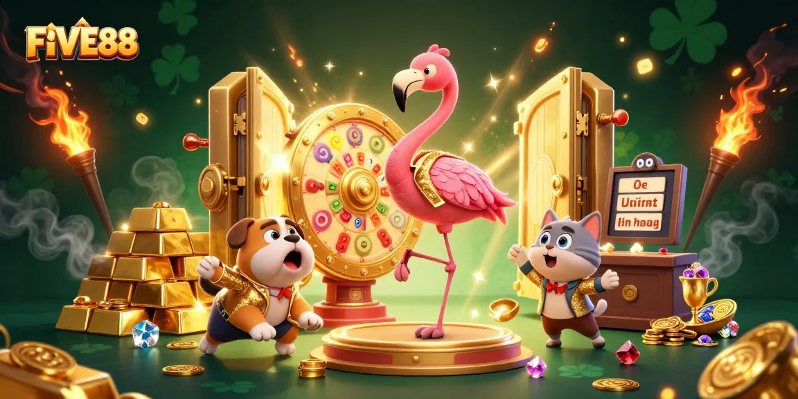 Engage in excitement at FIVE88 as a flamingo spins a prize wheel surrounded by gems and golden treasures.